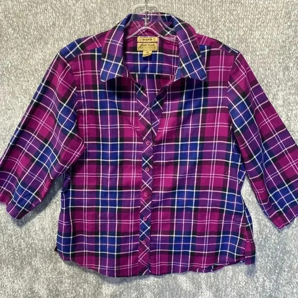 INVESTMENTS Gold Label Non-Iron Blouse 14P Women's Shirt Christine Purple Plaid - Picture 1 of 9